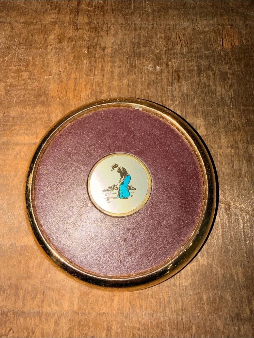 Set of 4 Vintage Golf-Themed Leather & Gold Coasters - Burgundy